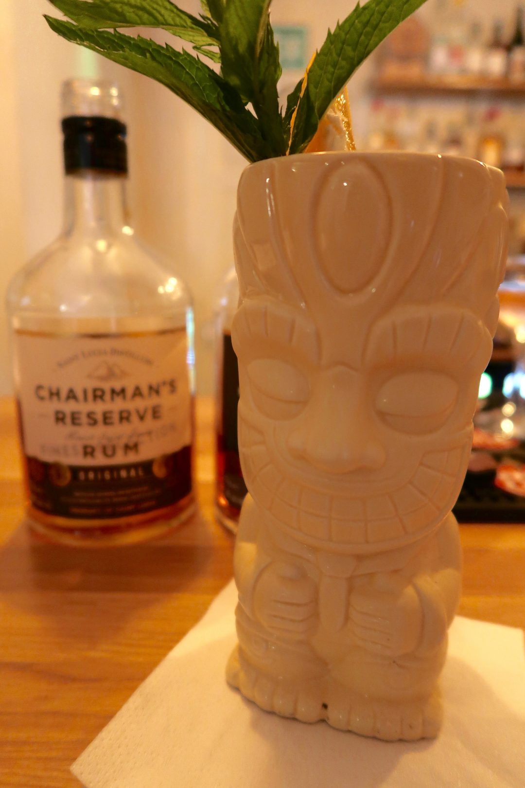 Mai Tai in a Tiki cup at Marigot Bay bar and cafe in Altrincham