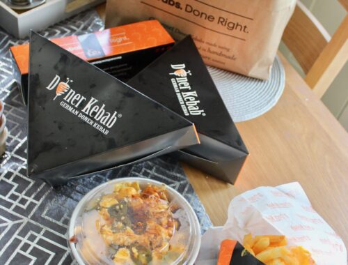 A table laid with a selection of food from German Doner Kebab